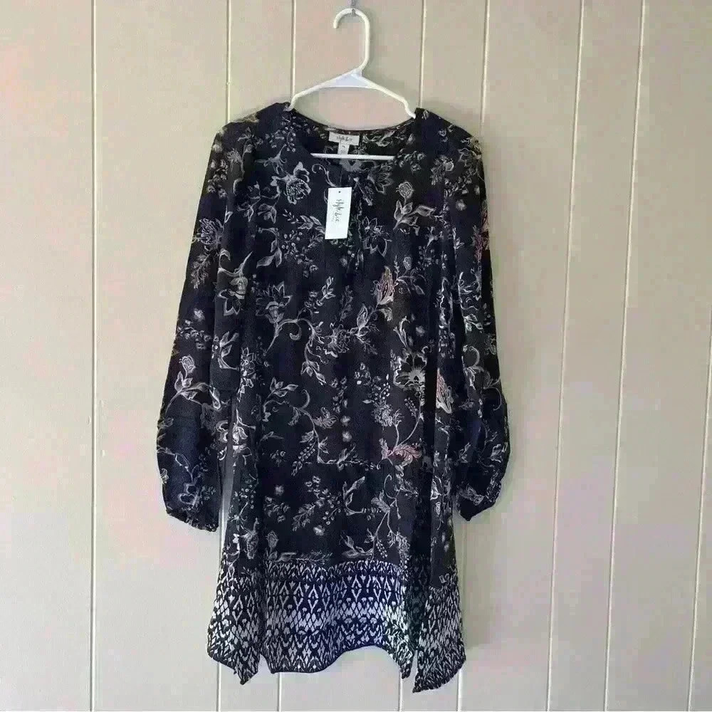 Style & Co Petite Gauze Tired Shift Dress Black Floral Size PXL NWT Bohemian - Picture 4 of 14
